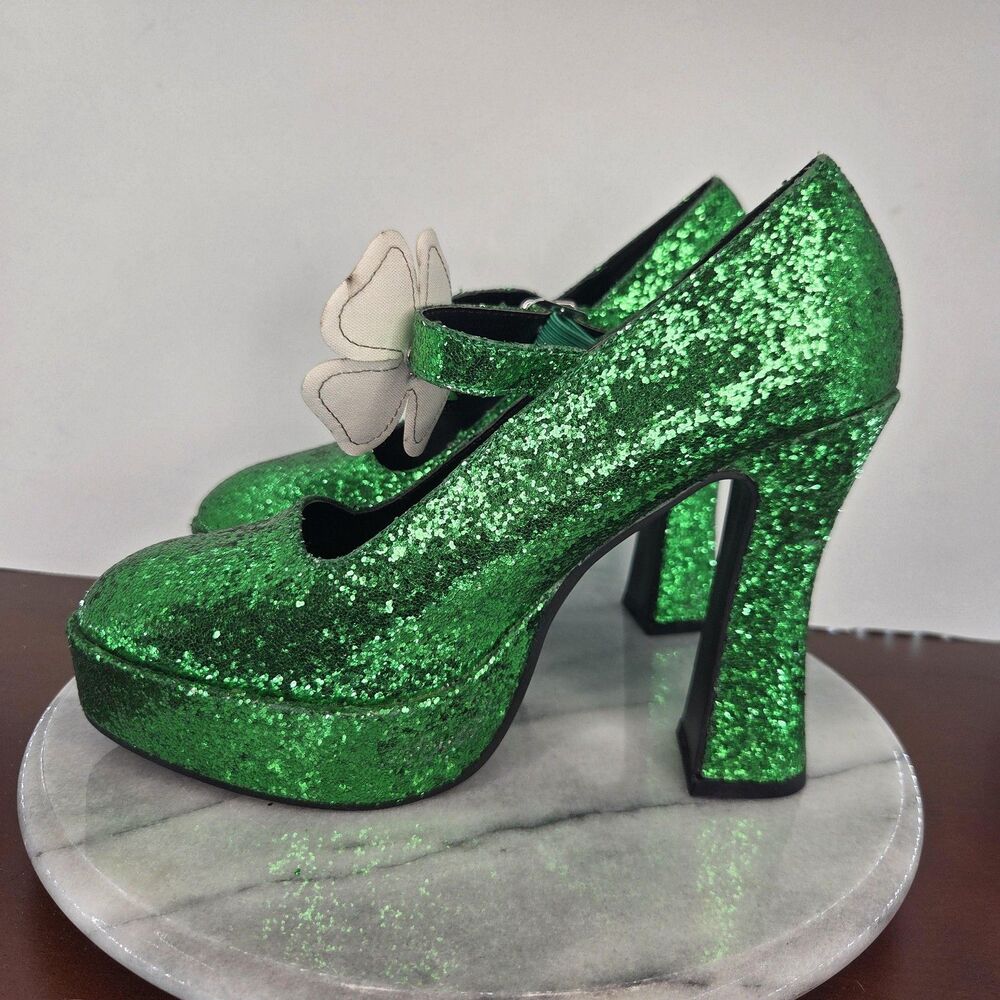 Shoes Womens Size 10 Green Glitter Platform Shamrock St Patricks Day Leprechaun - Picture 7 of 16